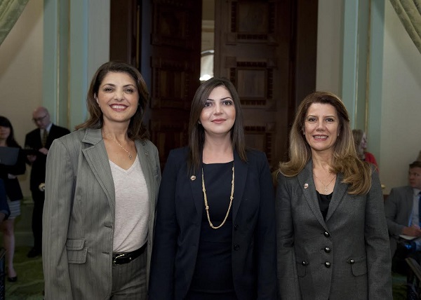 ANCA-WR 'America, We Thank You: An Armenian Tribute to Near East Relief' Introduction on Assembly Floor. From left: ANCA-WR AWTY Committee Member Arsho Beylerian, ANCA-WR Executive Director Elen Asatryan, ANCA-WR AWTY Committee Co-Chair Hermineh Pakhanians